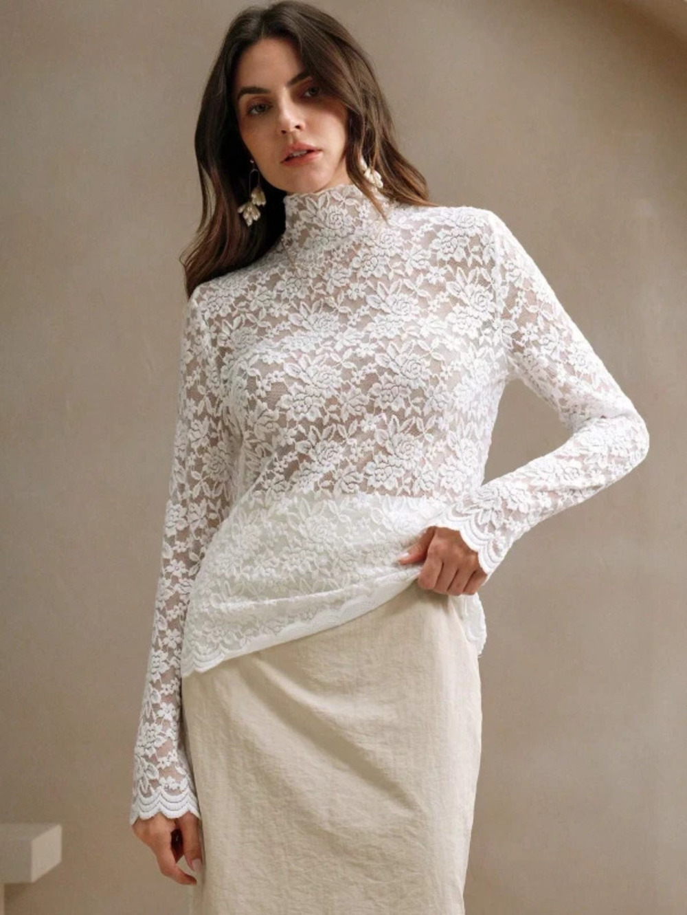 ZARA Womens Fall Winter French Lace Long Sleeve Stretch High Neck Top